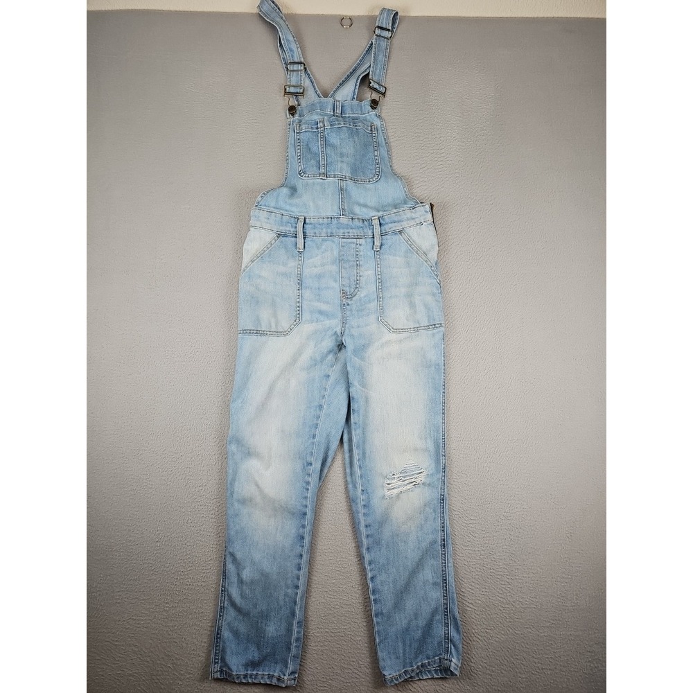 Gap Crop Denim Overalls Size Small Blue Indigo Faded Destressed Stretch